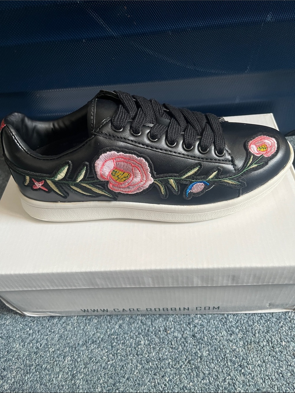 Cape Robbin Black Leather Sneakers with Pink Floral Embroidery